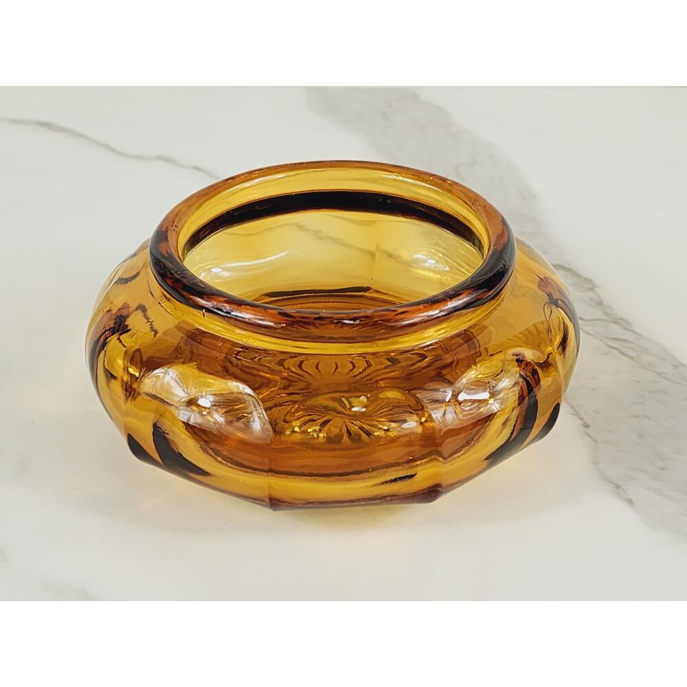Depression Amber Glass Bowl Powder Vanity Jar w/o Lid 80's Art Decor 4 3/4" Vtg